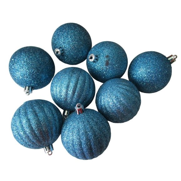 Shatterproof Sky Blue Glitter Ornaments Smooth Ribbed Eight GUC - Picture 1 of 11